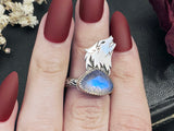 Howling Wolf Moonstone Ring - Size 7